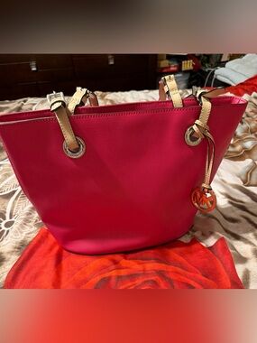 Michael Kors Hot Pink Tote with Tan Shoulder Straps